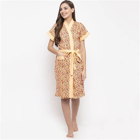 Secret Wish Women S Gold Printed Cotton Bathrobe Free Size Buy