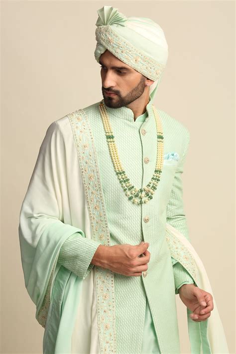 Buy Priyanka Jain Men Green Raw Silk And Crepe Embroidered Sherwani Set