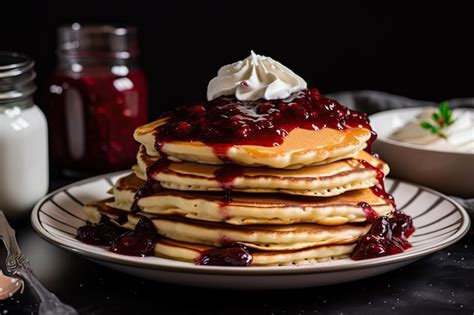 Pila De Panqueques Cubiertos Con Mermelada De Fresa Casera Y Crema