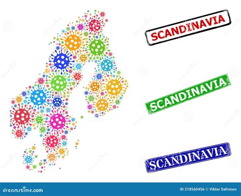 Rubber Scandinavia Seals And Bright Bacilla Scandinavia Map Mosaic Stock Vector Illustration