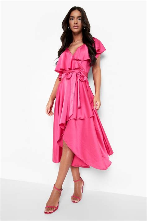 Satin Ruffle Wrap Detail Skater Dress Boohoo