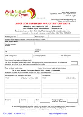 Fillable Online Junior Club Membership Form 2012 2013 North East