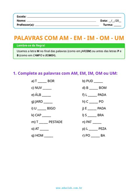 Palavras Com Am Em Im Om Um - Atividades com am em im om um para imprimir | Educlub