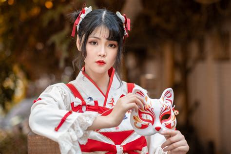 Asian Women Model Long Hair Brunette Depth Of Field Mask Traditional