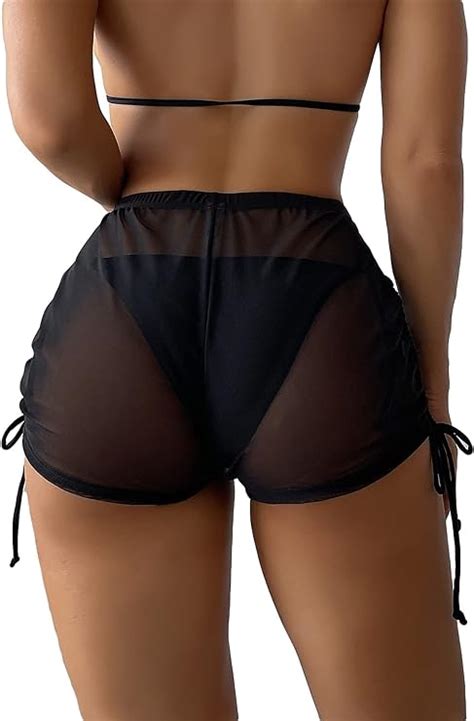 Falainetee Women S Drawstring Side Mesh Sheer Beach Summer Cover Up Shorts Bikini Bottoms At