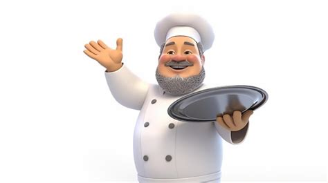 Premium Photo Cartoon Chef Holding A Silver Platter On White Background