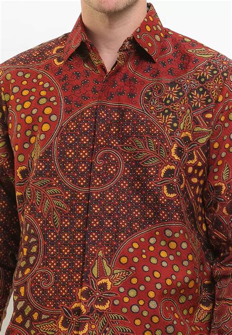 Jual Batik Kedu Kemeja Batik Motif Kotak Jalu Merah Doby Lengan Panjang