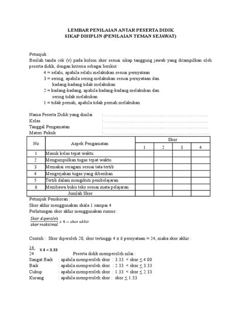 Lembar Penilaian Antar Peserta Didik Pdf