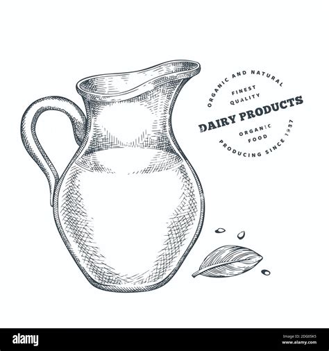 Hand Drawn Sketch Style Milk Glass Jug Organic Fresh Food Vector Illustration Isolated On White