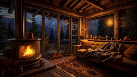 Premium AI Image | A cabin with a fireplace and a mountain view