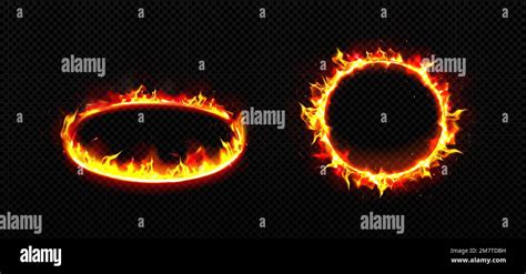 Round Frames With Fire Burning Rings With Flame Glow Effect And