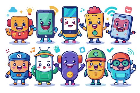 Colorful cartoon characters representing technology and gadgets ...