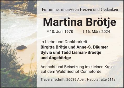 Traueranzeigen Von Martina Br Tje Nordwest Trauer De