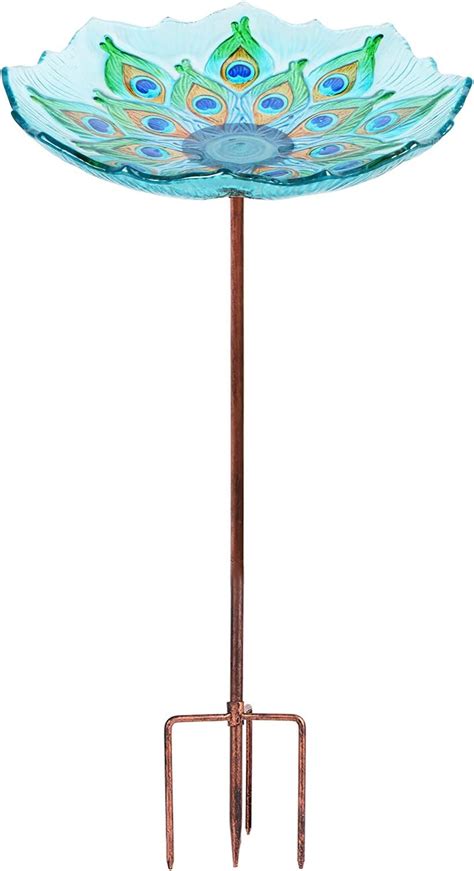 Mumtop Glass Bird Bath Garden Outdoor Birdbaths Birdfeeder With Metal Stake Peacock