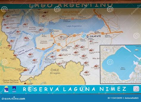 Laguna Nimez and Argentino Lake Map in Patagonia, Argentina Editorial ...