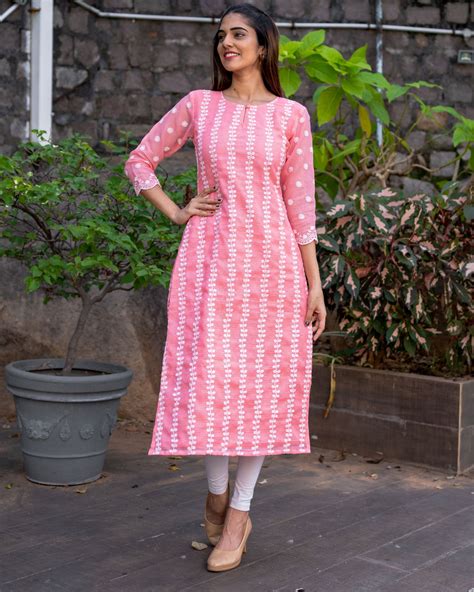 Pink Embroidered Kota Kurta With Dupatta Set Of Two By The Weave