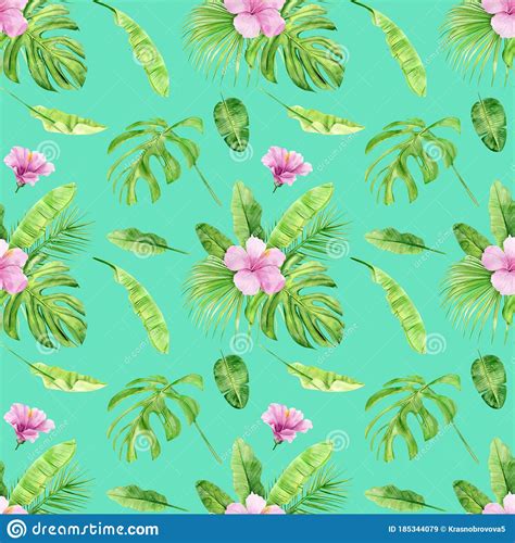 Watercolor Illustration Seamless Pattern Of Tropical Leaves And Flower