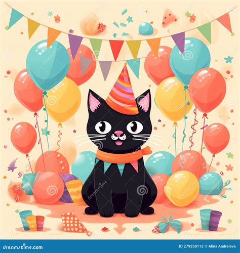 Cute Cat with Birthday Balloons and Decorations Stock Illustration ...