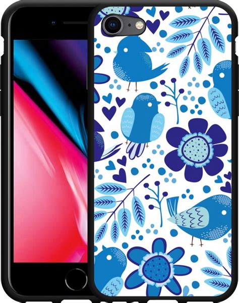 Hoesje Geschikt Voor IPhone SE 2020 Zwart Blue Bird And Flowers Bol