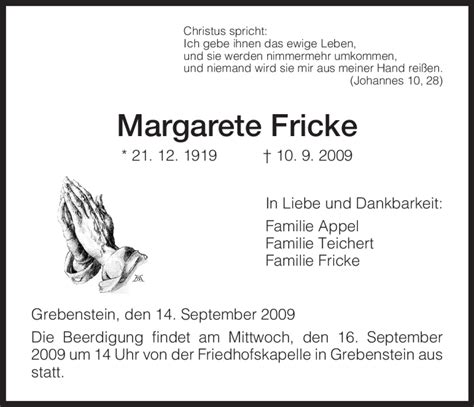 Traueranzeigen Von Margarete Fricke Trauer HNA De