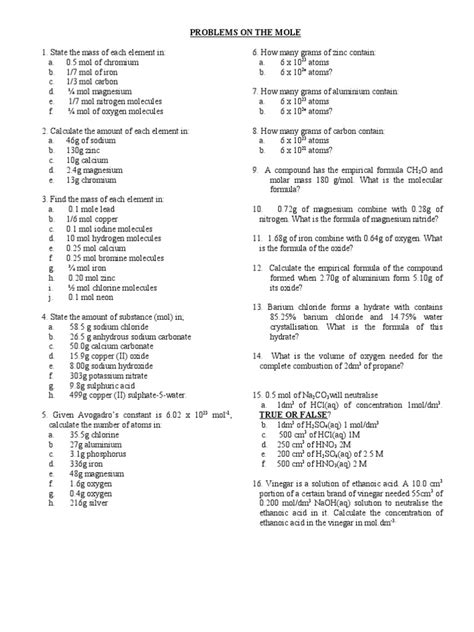 Moles Worksheet Pdf Mole Unit Oxygen