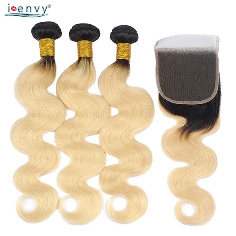 I Envy 1b 613 Blonde Bundles With Closure Ombre Body Wave Bundles With