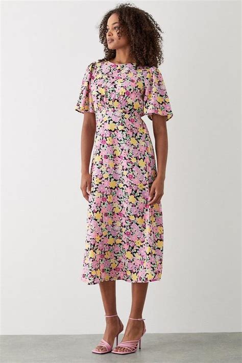 Dresses Pink Floral Flutter Sleeve Shirred Waist Midi Dress Dorothy Perkins