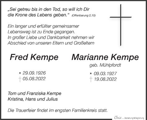 Traueranzeigen Von Fred Kempe Trauer Anzeigen De