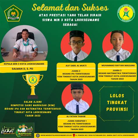 Raih Juara KSM Tingkat Kabupaten Kota Tahun 2023 Tiga Siswa MIN 3 Kota