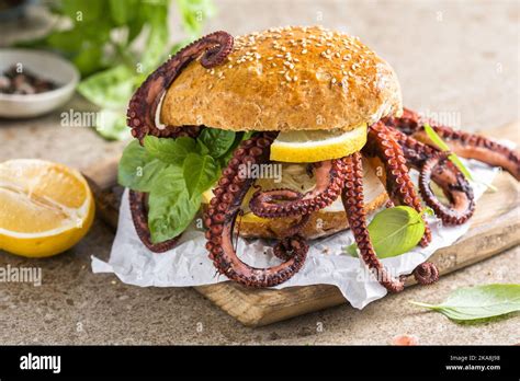 Big Burger With Octopus And Lemon Large Sandwich Stuffed With Seafood