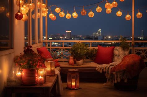 Premium AI Image | balcony decor with Diwali lights hanging lights ...