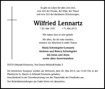 Traueranzeigen Von Wilfried Lennartz WirTrauern