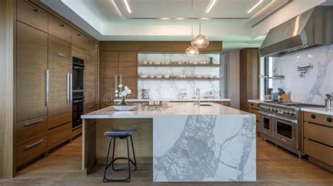 Modern Luxury Interior Design Of Kitchen With Marble Island And Wooden