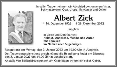 Traueranzeigen von Albert Zick Allgäuer Zeitung