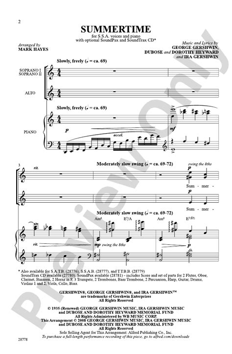 Summertime From The Musical Porgy And Bess Ssa Choral Octavo Ira