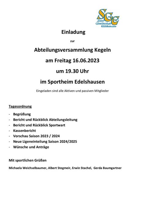 Einladung Zur Abteilungsversammlung Kegeln Sportgemeinschaft Edelshausen