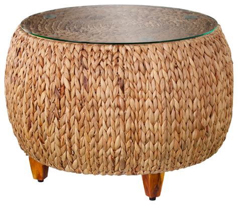 Bohemian Coffee Table Hyacinth Covered Frame With Round Glass Top