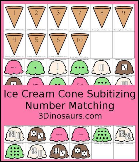 Free Ice Cream Subitizing Number Practice Matching Cards 3 Dinosaurs