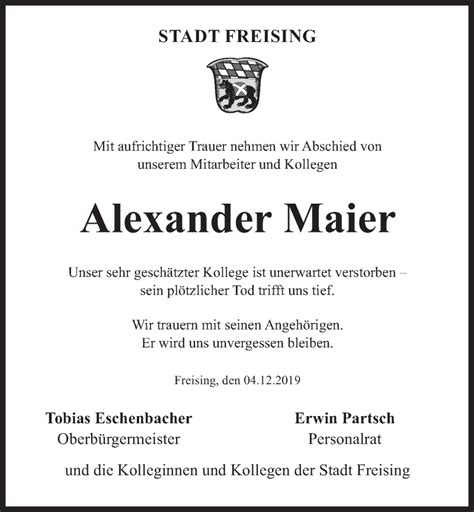 Traueranzeigen Von Alexander Maier SZ Gedenken De