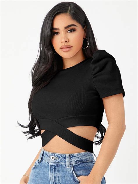 Shein Privé Puff Sleeve Crisscross Hem Crop Tee Puff Sleeve Crop Tee