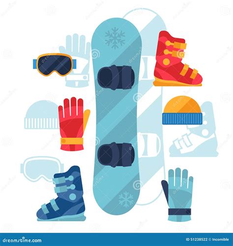 Snowboard Equipment Icons Set In Flat Design Style Stock Vector