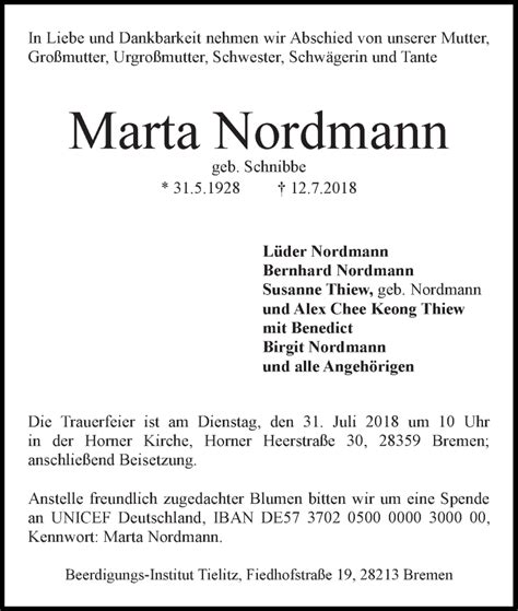 Traueranzeigen Von Marta Nordmann Trauer Gedenken