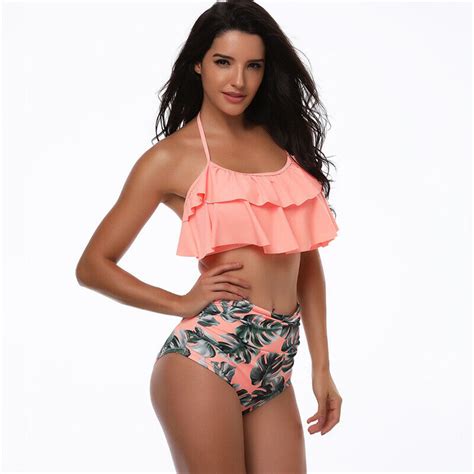 2 Piece Women Swimsuit Halter Ruffled Flounce Top High Waist Bottom