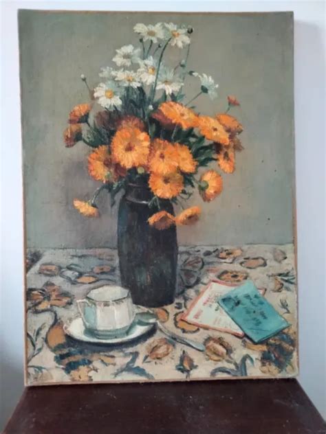 Tableau Ancien Xx Eme Hst Nature Morte Vase Bouquet De Fleurs Tasse