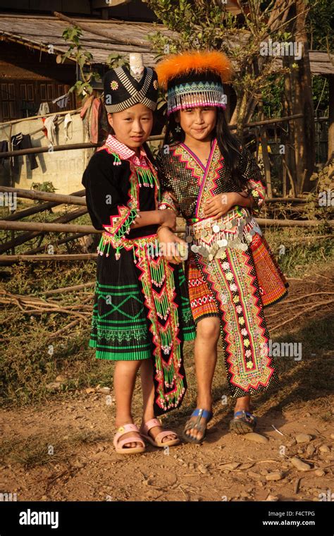 Laos Vang Vieng Hmong Girls In Traditional Clothing For New Year