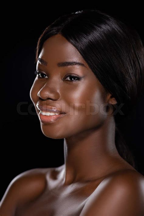 Portrait Of African American Naked Woman Smiling Isolated On Black Stock Image Colourbox