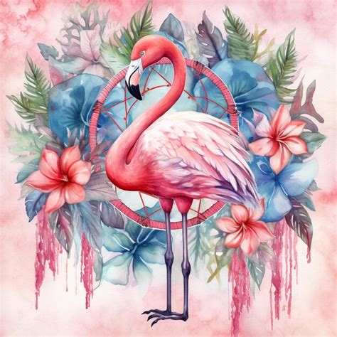 Flamingo With Flowers And A Dream Catcher In The Background Generative