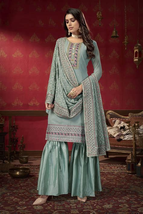 Embroidered Faux Georgette Sharara Suit In Grey Ucchal Fashion