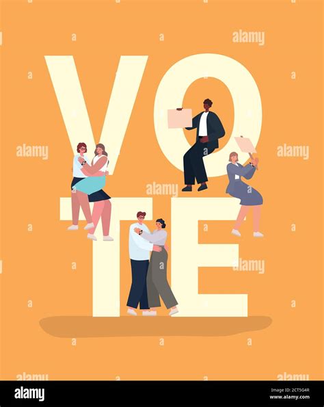 Women And Men Cartoons With Vote Banners On Orange Background Vector