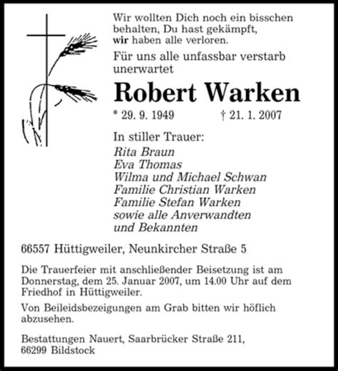 Traueranzeigen Von Robert Warken Saarbruecker Zeitung Trauer De